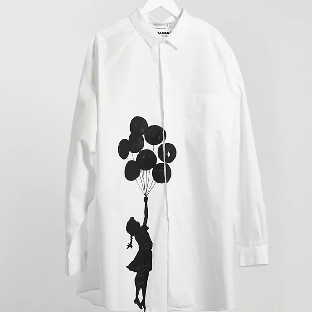 ASOS DESIGN Banksy extreme oversized white shirt with iconic placement print